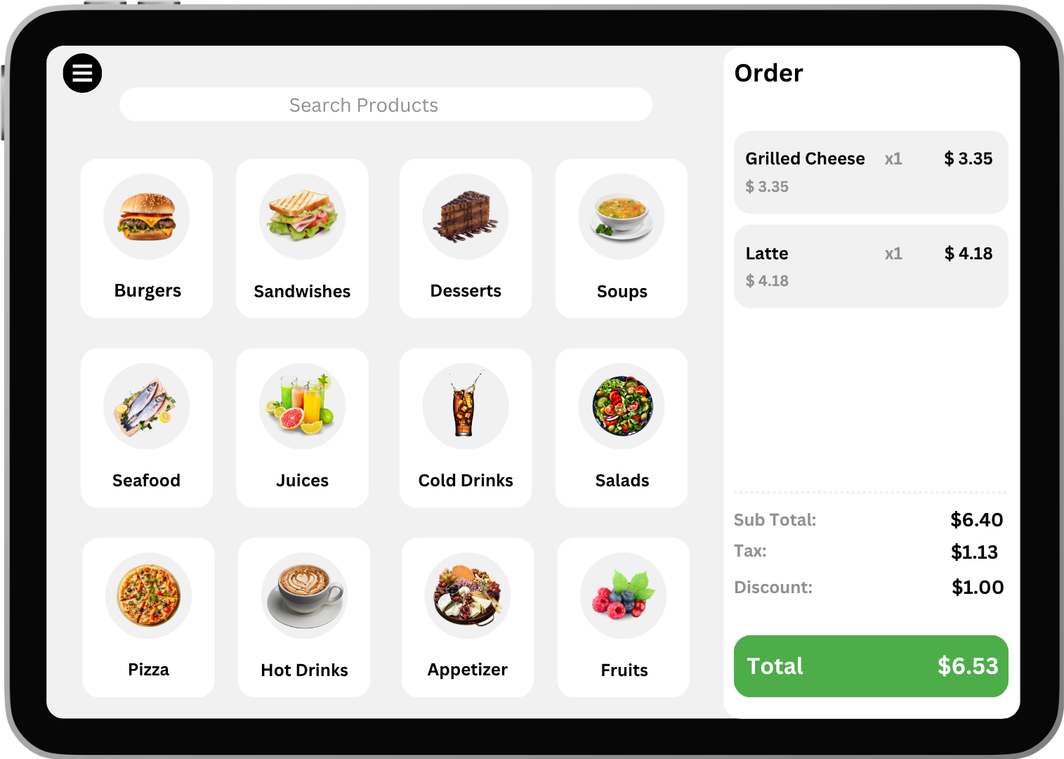 FreshlyCart point of sale showing menu categories and an open order